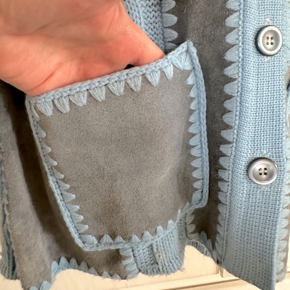 VINTAGE 70s Suede Patch Button Up Knit Sweater - Picture 6 of 9